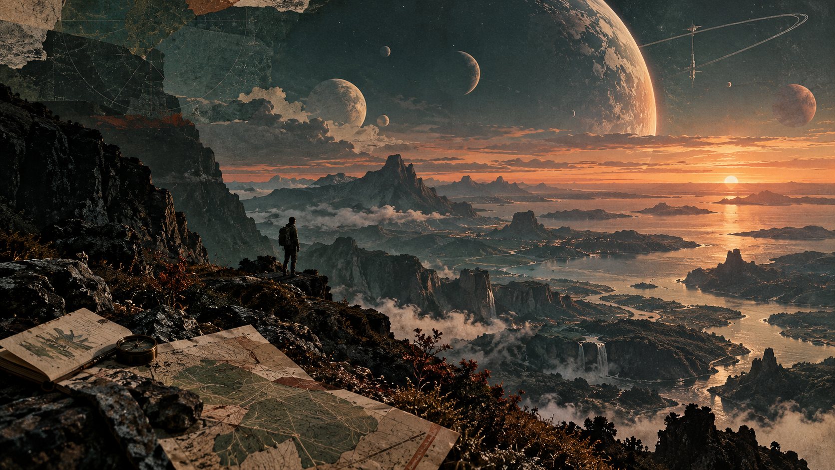 Mundo modular en el espacio, imagen de archivo con grano analógico y collage editorial